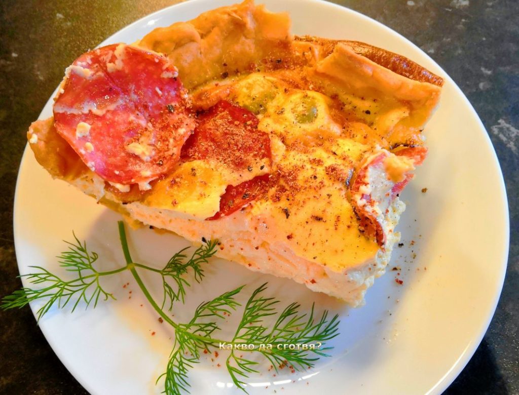 Киш с маслини, чедър, бяло сирене и пеперони Киш с маслини, чедър, бяло сирене и пеперони